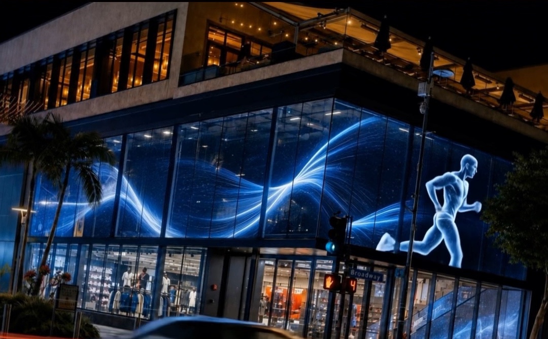 Transparent LED facade at night playing blue wave content with a glowing runner, while the store and its interior stay fully visible behind the glass