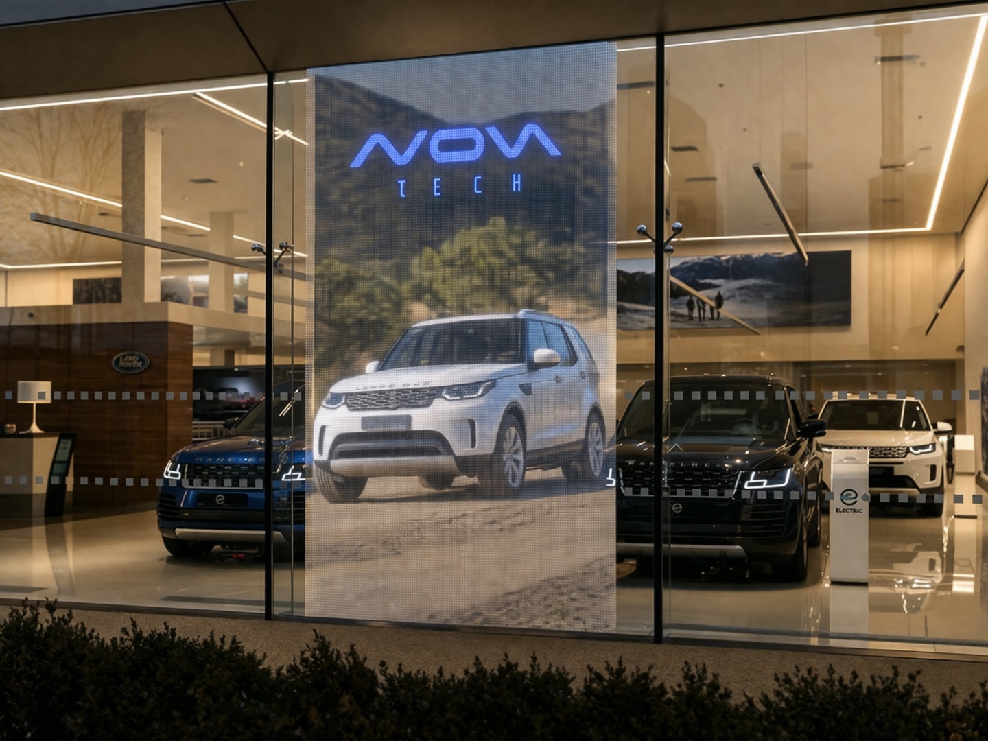 Concept visualization: transparent LED banner inside an automotive showroom window