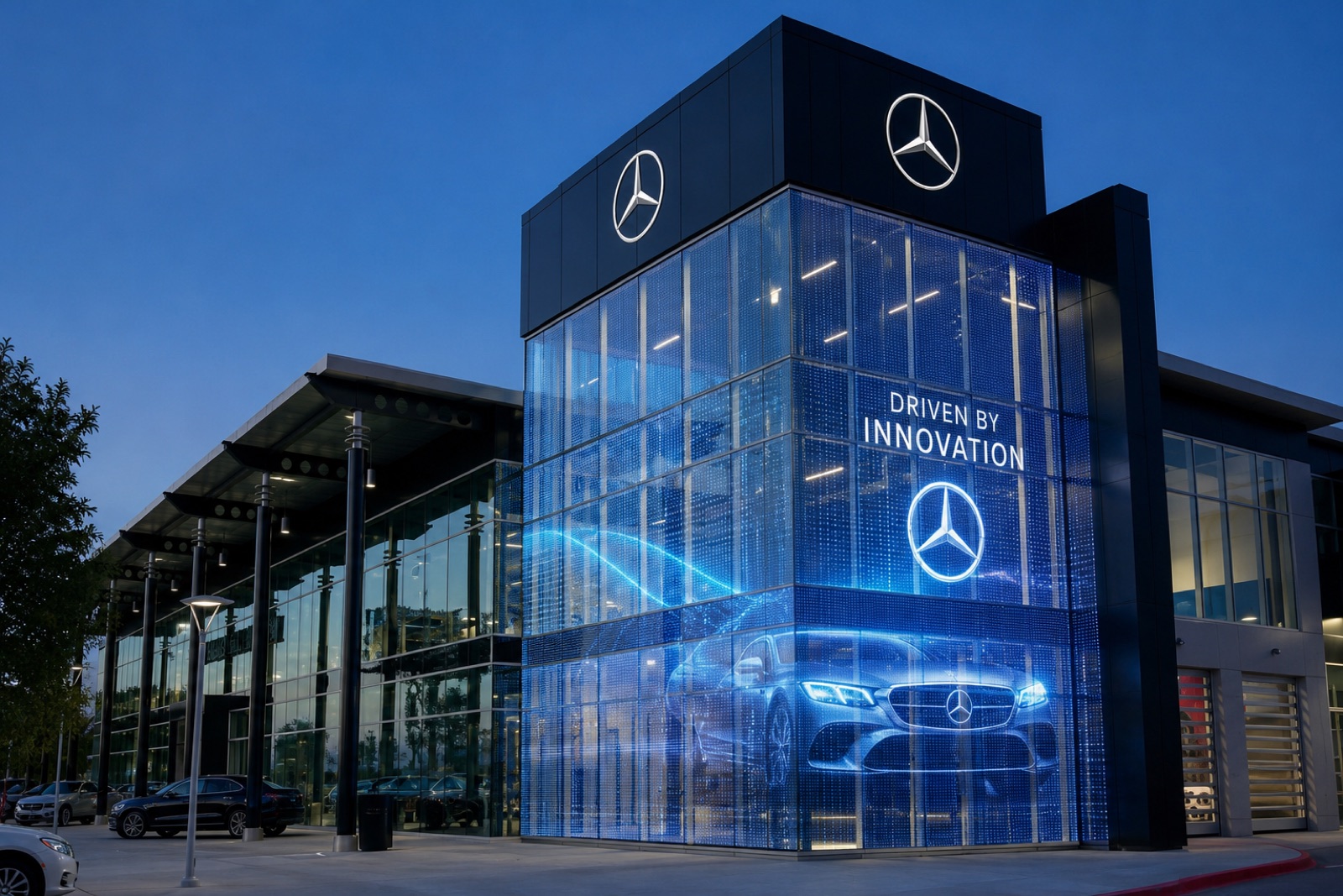 Concept visualization of a transparent LED glass tower on an automotive dealership at dusk